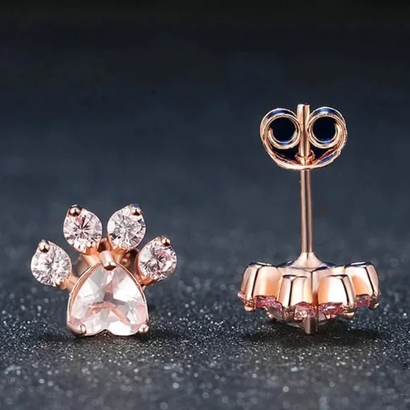 New Rose Gold Paws Zircon Stud Earrings - Picture 4 of 5